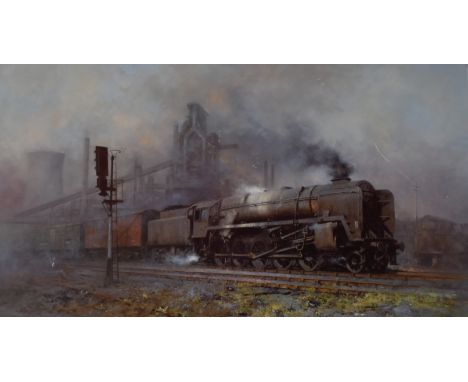 David Shepherd signed limited edition 39/850 print 'Heavy Freight '67', steam locomotive in yard, 45 x 68cm, in gilt frame