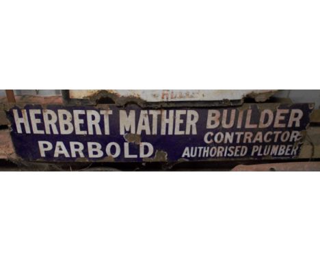 Vintage enamel advertising sign 'Herbert Mather Builder, Parbold' 26.5 x 110cmPLEASE NOTE this lot is located at and will be 