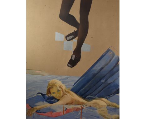 Oil on canvas nude girl on lilo with pair of legs on the poolside, in the style of Hockney, 150 x 120cm, in painted frame