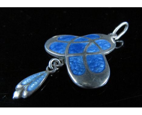 A James Fenton silver Art Nouveau enamel pendant in blue, hung with droplet, marked JF 