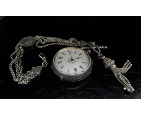 A Continental silver fob watch and a Victorian watch chain 