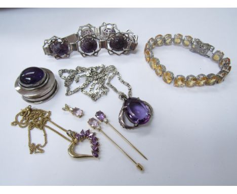 A carved amethyst panel bracelet, amethyst pendant on chain stamped 925, citrine coloured stone bracelet etc 