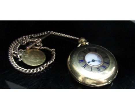 An 18ct gold half hunter pocket watch, hung on a rose gold chain with T-bar and gold guinea 