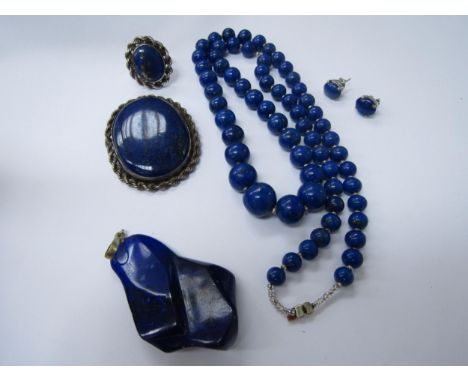 A Lapis Lazuli bead necklace, brooch, large pendant, ring and earrings 