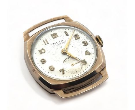 A 9ct gold Avia cushion case gents manual wristwatch. Silvered dial with Arabic numerals, sub seconds dial. 15 jewels. Hallma