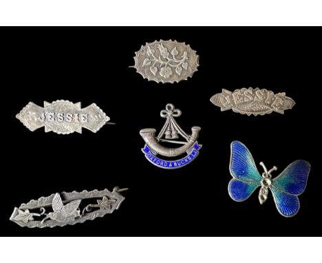 Six vintage brooches. Including four late Victorian hallmarked silver brooches, one with foliate design , two with 'Jessie' i