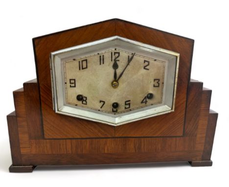 A large Art Deco style Mantel Clock by Dimra in a rosewood case. Small patch on case where veneer has come away - see picture