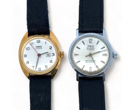 Two 1960s Oris Watches. An Oris 17 jewel manual gold plated watch, with a silvered dial, Arabic numerals and a date display. 