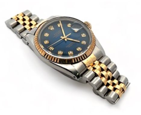 Rolex, 1988 Oyster Perpetual Datejust with diamond set blue dial, model 16013, with steel jubilee bracelet. In working order,