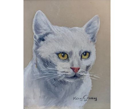 Kay Gray (British), miniature oil on board cat portrait. Signed Kay Gray to lower right. Framed. Hand Painted by the Hamilton