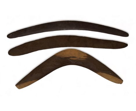 Aboriginal Boomerangs. Three Boomerangs the largest of which is 75cm x 6cm with incised markings the second has very attracti