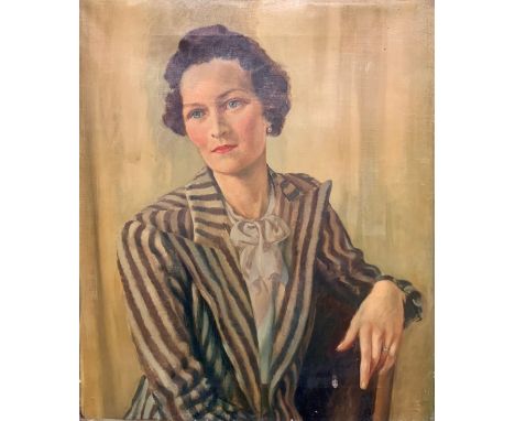 20th Century British large competent portrait of a seated lady, oil on canvas. Unsigned and unframed. Some areas of wear to c
