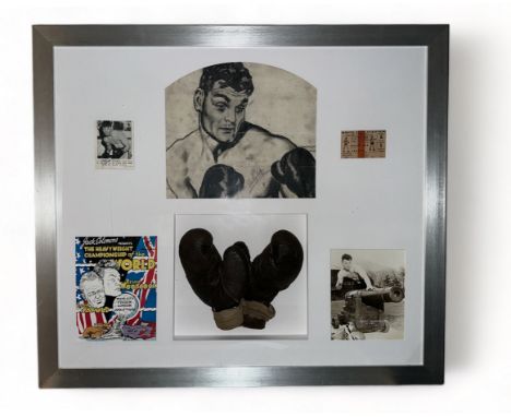 Bruce Woodcock (British, 1920-1997), framed pair of leather boxing gloves worn by Bruce Woodcock in a large mounted display. 