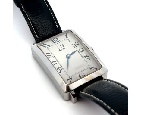 Alfred Dunhill Curved Tank Watch. Stainless steel case and grey dial with Arabic numeral hour markers. Swiss Manual Wind Move
