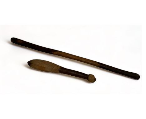 2 Aboriginal Clubs also called Waddy or Nulla Nulla one is 80cm x 4cm has striated cross hatching to the handle the other is 