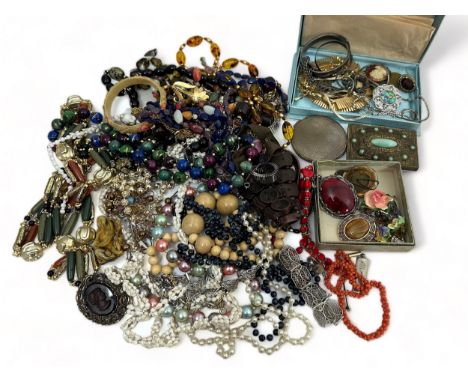 A collection of costume and silver jewellery, beaded necklaces, trinket boxes etc 