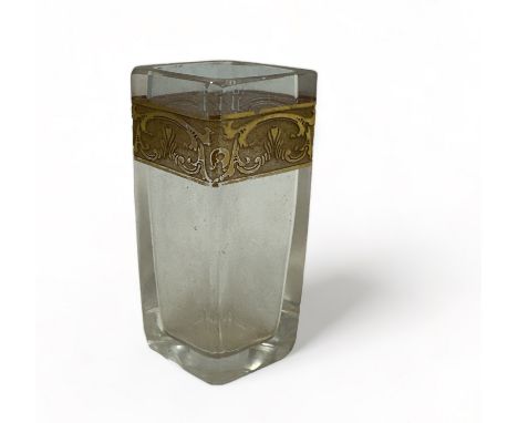 Moser Karlsbad, small art deco diamond shaped posy vase with gilt foliate band design to exterior. Etched signature to base f