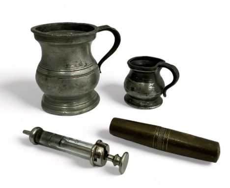 Two Pewter Measuring Pots, one is marked Gill the other looks like a quarter Gill. Together with a Brass Barrell shaped pocke