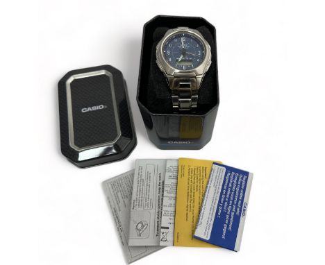 A gents Casio Wave Ceptor Tough Solar quartz watch. Blue dial with Arabic numerals. Model No. 3353. Boxed and papers. Watch u
