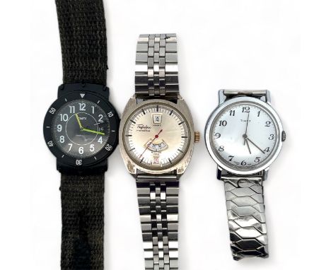 Three Watches. A 1978 manual Timex chrome plated watch with white dial, Arabic numeral markers and stainless steel bracelet. 