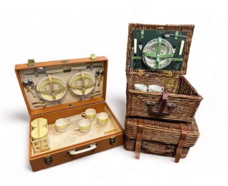 A wicker picnic hamper for 2 people fitted with Royal Tudor Ware Barker Bros 'Offbeat' pattern - and a second empty wicker pi
