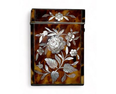 Mansfield (Dublin) tortoise shell and mother of pearl inlaid card case. Mansfield label affixed to top of case. Hinge damaged