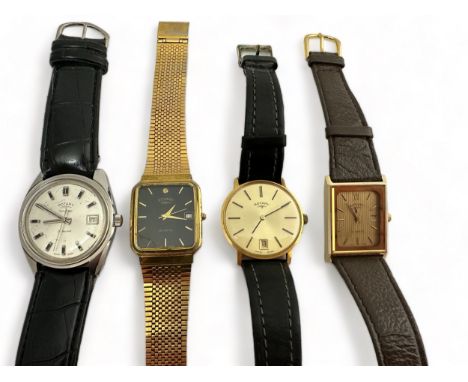 Four Rotary Watches. Includes a quartz Rotary Tank gold plated watch, a quartz Rotary gold plated watch, a 21 jewel automatic