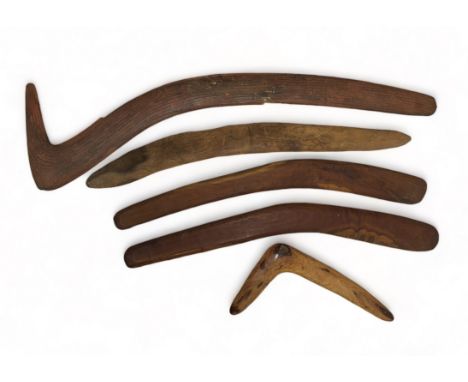 Aboriginal Boomerangs. 5 in total one large hunting boomerang 75cm x 20cm with unusual striated markings to both sides, looks