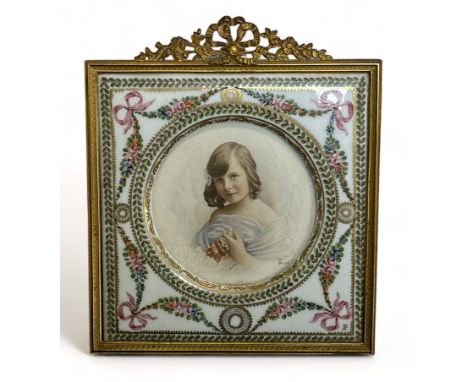 French 20th Century hand painted porcelain faced standing picture frame, with hand painted floral surround, pink corner bows,