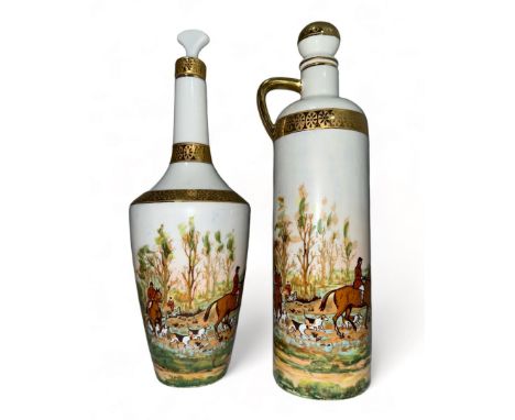 Limoges, pair of hand painted liquor bottles featuring hunting scenes, with gold gilt surround bars and handle. Each marked t