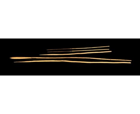 Aboriginal Spears, 5 in all, three throwing spears, lengths 209cm, 202 cm, and 127 cm. Two fishing spears both 111 cm. 