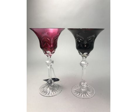 FIVE OVERLAID WINE GLASSES, along with a brass corkscrew and a Grimades jug