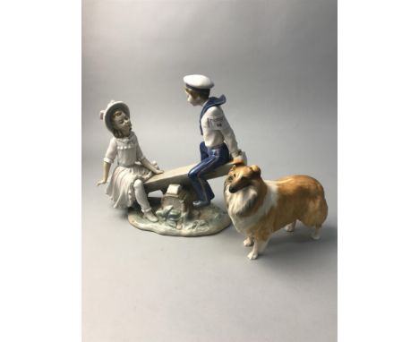 TWO LLADRO FIGURES TOGETHER WITH A NAO FIGURE, TWO BESWICK HORSES AND A BESWICK DOG FIGURE