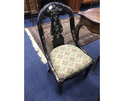 VICTORIAN EBONISED AND MOTHER OF PEARL INLAID GOSSIP CHAIR