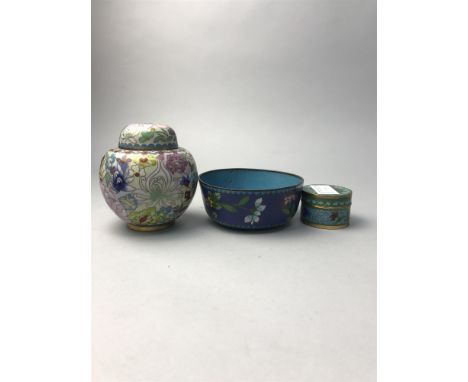 LOT OF VARIOUS ITEMS OF CLOISONNÉ, including a ginger jar, trinket box and a bowl