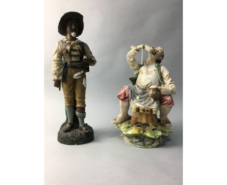 TWO CERAMIC FIGURES OF GENTLEMEN, comprising one modelled seated, eating grapes, and the other standing whilst grasping a vio