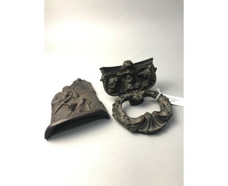 VICTORIAN BRONZE DOOR KNOCKER, along with along with a door stop (2)