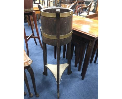 OAK PLANTER, brass bound planter on tripod legs