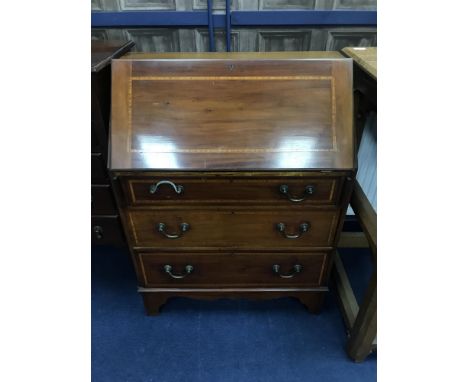EDWARDIAN INLAID MAHOGANY BUREAU, with hinged writing flap and bracket feet