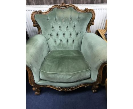 PAIR OF MAHOGANY BUTTON BACK ARMCHAIRS, with green upholstery