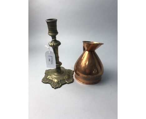 GEORGE III BRASS CANDLESTICK, along with a collection of other brass candlesticks, pewter tankards, a large brass tray, etc