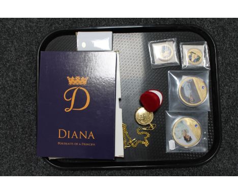 A tray of costume ring in box, decorative pocket watch together with two Princess Diana proof coins with Swarovski crystal to