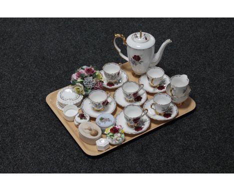 A tray of fifteen piece Crown Stafford Red Rose china coffee service, lidded trinket pots and two flower poises 