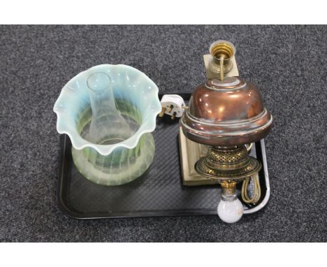 A Victorian brass and copper Corinthian column oil lamp with vaseline glass shade and glass chimney (converted)  CONDITION RE