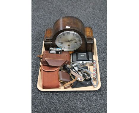 A tray of oak mantel clock with silvered dial, assorted gent's watches, portrait miniature, travel clock, Zeiss Ikon camera, 