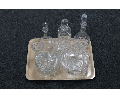 A tray of assorted glass ware : Victorian etched decanter, bowl, vases, etc 