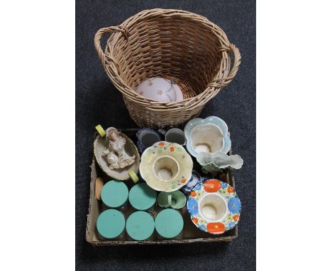 A box of vintage glass storage jars, Art Deco vases, misc. china and a wicker log basket containing Art Deco glass light shad