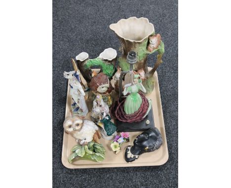 A tray of two Fauna Ware vases, continental figures, wall plaque, Deco figural table lamp etc 