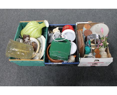 Two crates and a box of studio glass vase, kitchen mixing bowls, shaving mirror, travel set, glass light shade, ice bucket et