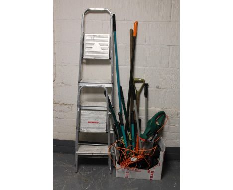 Two sets of folding steps, Black &amp; Decker hedge trimmer, extension lead, garden tools 